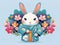 fluffy hare stands in a kimono flowers