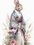 fluffy hare stands in a kimono flowers