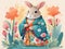 fluffy hare stands in a kimono flowers