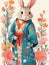 fluffy hare stands in a kimono flowers