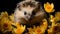 Fluffy hedgehog, cute and small, looking at yellow flower generated by AI