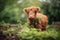 fluffy highland cow amidst greenery