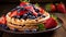Fluffy homemade waffles topped with fresh juicy berries, creating an irresistible sweet treat.