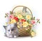 fluffy kitten and basket with roses
