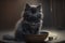 Fluffy kitten with a bowl of food, black cat, pet cat, generative ai