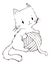 Fluffy kittens hugging yarn ball. Line art cartoon character black ink hand painting for decoration in pet artwork advertising.