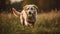 A fluffy Labrador Retriever playing fetch in a grassy field created with Generative AI