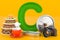 Fluffy letter C with cake, clock, cup, tin can, camera. Kids ABC, 3D rendering