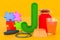Fluffy letter J with jar of jam, jump rope, juce, jigsaw puzzle, fruit jelly. Kids ABC, 3D rendering