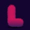 Fluffy letter L fur texture. Pink glow 3D effect lettering vector illustration