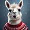A fluffy llama wearing a knitted Christmas sweater with a snowflake pattern2