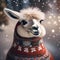 A fluffy llama wearing a knitted Christmas sweater with a snowflake pattern4