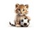 Fluffy lynx cub sitting with a soccer ball on a white background. Cartoon little character for children\\\'s competition