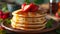 Fluffy pancakes stacked high, drizzled with maple syrup, a hearty American breakfast favorite