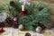 Fluffy pine branch with a candle and Santa Claus