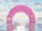 Fluffy pink arch with soap bubbles in surreal water landscape and podium for products. Restorative escape concept
