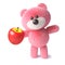 Fluffy pink teddy bear character holding a juicy red apple, 3d illustration