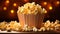 Fluffy popcorn bucket, sweet candy, refreshing drink, indulgent snack generated by AI