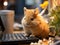 Fluffy rabbit at desk browsing tiny device