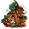 A fluffy red kitten peeks out of a pumpkin house