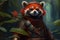 Fluffy red panda with a mischievous expression climbing a tall tree in a lush bamboo forest