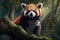 Fluffy red panda with a mischievous expression climbing a tall tree in a lush bamboo forest