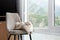 A fluffy Scottish Fold cat lounges on a chair, its wide eyes gazing out a window