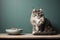 fluffy, striped cat sits on the table near a low food bowl against the backdrop of a muted, light green monochrome wall
