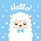 Fluffy white alpaca, sheep, llama animal cartoon with hello text print design.