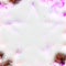 Fluffy white background with violet orange pink faint in the corners one big star at the center and glitter confetti