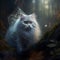 fluffy white cat in the forest sits near the cobweb