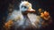 Fluffy white duckling with yellow flowers on black background