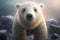 Fluffy white polar bear cub with a curious expression exploring a frozen Arctic landscape with icebergs in the distance