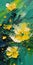 Fluid Brushwork Painting Of Yellow Flowers In Green