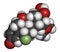 Flunisolide corticosteroid drug molecule. 3D rendering. Atoms are represented as spheres with conventional color coding: hydrogen