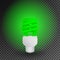 Fluorescent green economical light bulb glowing on a transparent background. Save energy lamp.