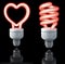 Fluorescent lamps, spiral shaped, heart shaped, red glow, 3d rendering on dark background