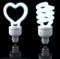 Fluorescent lamps, spiral shaped, heart shaped, white glow, 3d rendering on dark background