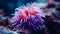 Fluorescent sea anemone in deep sea coral reef, showcasing mesmerizing marine life harmony