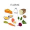 Fluorine-containing food. Groups of healthy products containing vitamins and minerals. Set of fruits, vegetables, meats