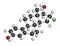 Fluoroestradiol F-18 diagnostic molecule. 3D rendering. Atoms are represented as spheres with conventional color coding: hydrogen