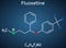 Fluoxetine molecule, is antidepressant of the selective serotonin reuptake inhibitor SSRI. Structural chemical formula on the dark