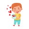 Flushed Red-haired Boy Character Holding Envelope with Heart Valentines Cards Vector Illustration