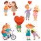 Flushed and Shy Little Boy and Girl Holding Hands and Kissing Feeling Love Vector Illustration Set