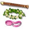 Flute, flower wreath and pink tape. Set of three items isolated on white background. Vector in cartoon style