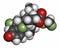 Fluticasone corticosteroid drug molecule. Atoms are represented as spheres with conventional color coding: hydrogen (white),