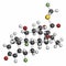 Fluticasone corticosteroid drug molecule. Atoms are represented as spheres with conventional color coding: hydrogen (white),