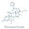 Fluticasone furoate corticosteroid drug molecule. Used in treatment of allergic rhinitis, COPD and chronic bronchitis. Skeletal.