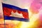 Fluttering Cambodia flag on beautiful colorful sunset or sunrise background. Success concept