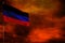 Fluttering Donetsk Peoples Republic flag mockup with blank space for your text on crimson red sky with smoke pillars background.